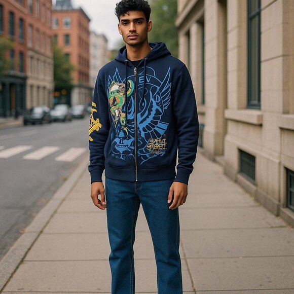 Ed Hardy Men's Panther Bulldog Midnight Blue Hoodie Sizes L & XL - Picture 1 of 16